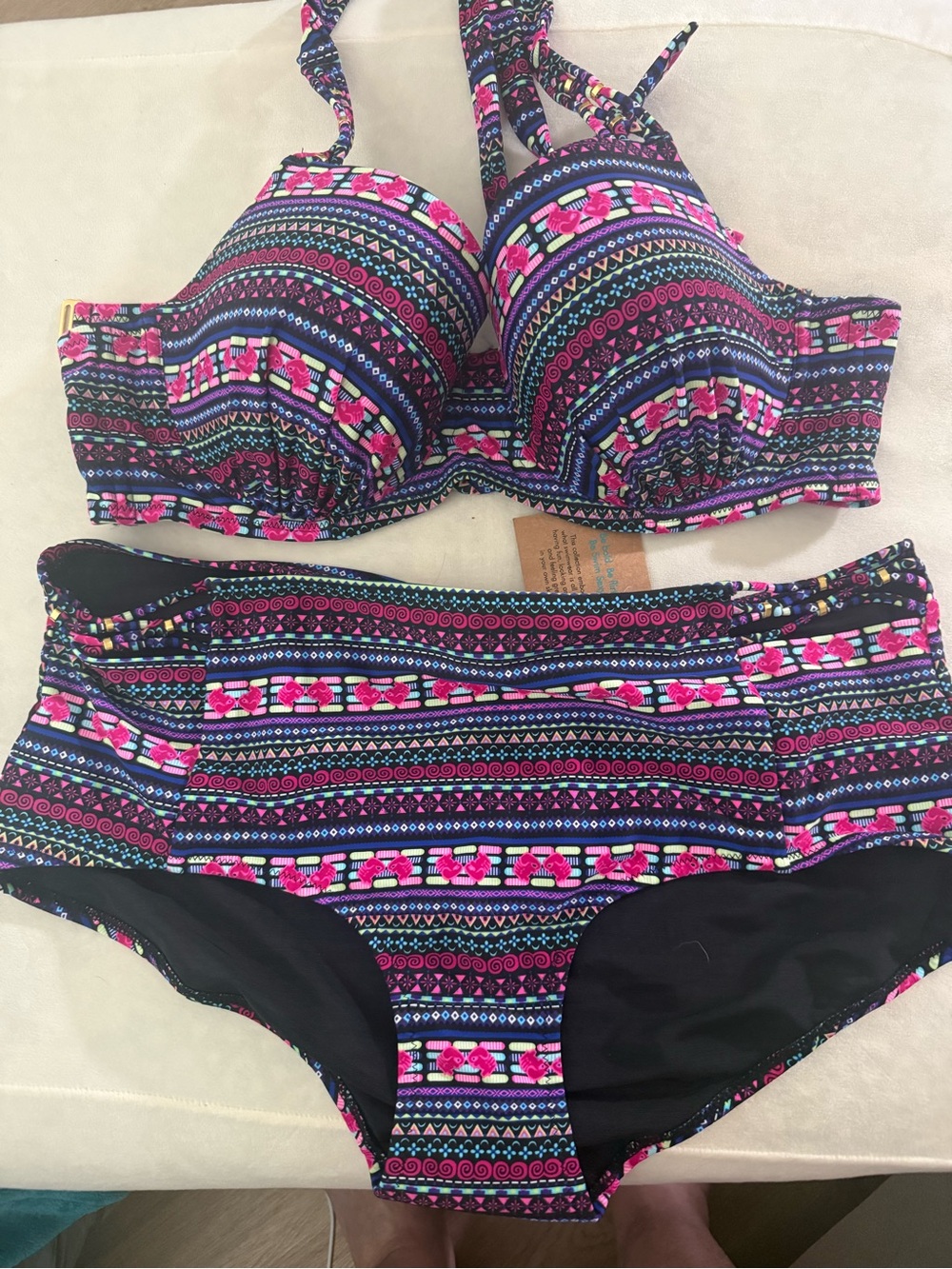 Swimsuits For All Black Bikini with Pink, Blue & Green Tribal Print